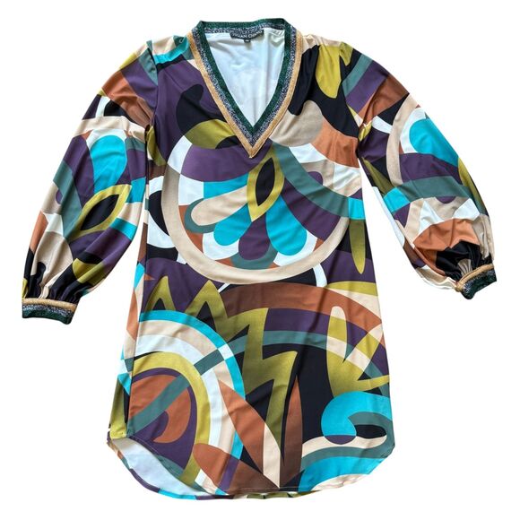 EUC Julian Chang Vibrant Retro Geometric Print Long Sleeve‎ Dress Size M - Picture 2 of 7